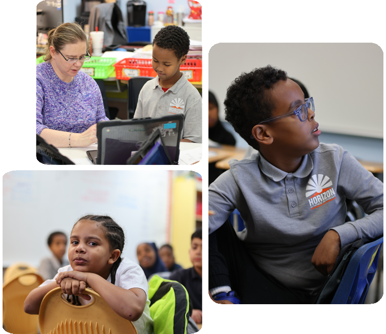 Collage showcasing various student activities including academics, science, and hands-on projects.